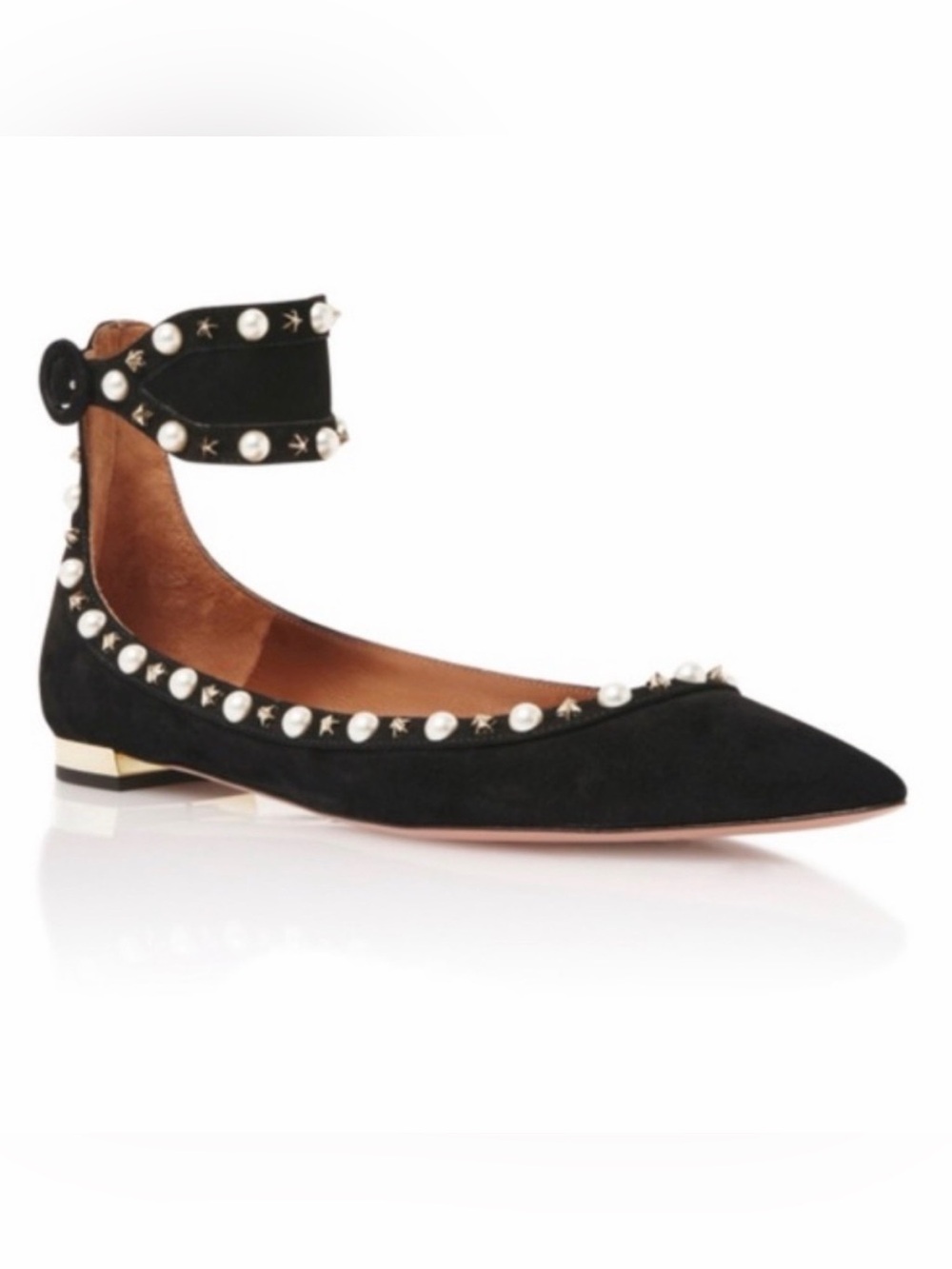Aquazzura Harlow Black Pointed Pearl-Trim Ankle-Strap Flat